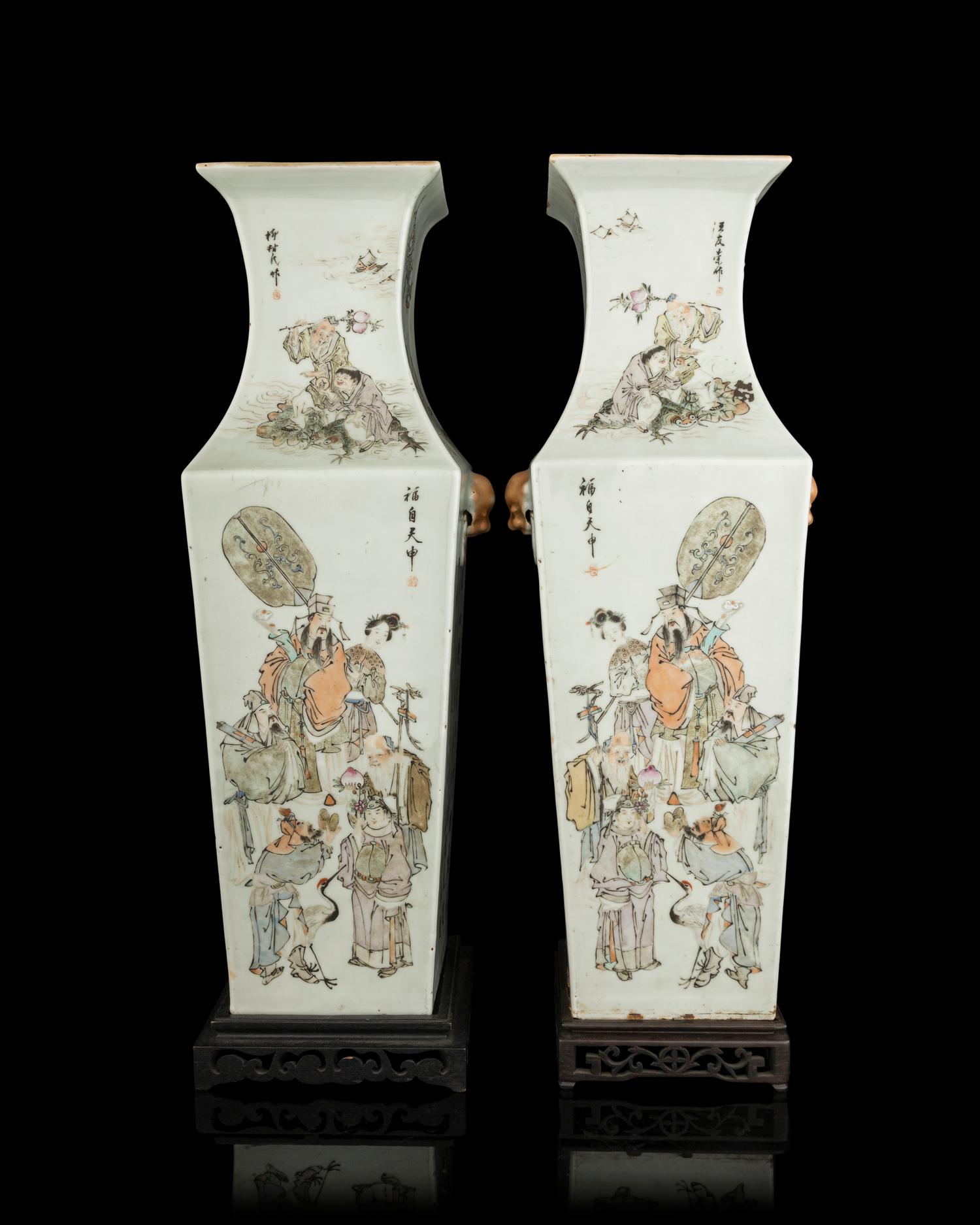 A Fine Pair of Chinese Famille Rose Porcelain 'Immortals' Vases