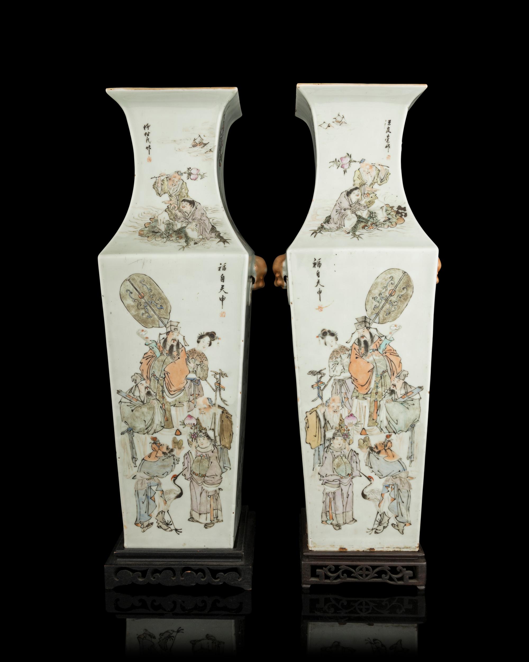 A Fine Pair of Chinese Famille Rose Porcelain 'Immortals' Vases