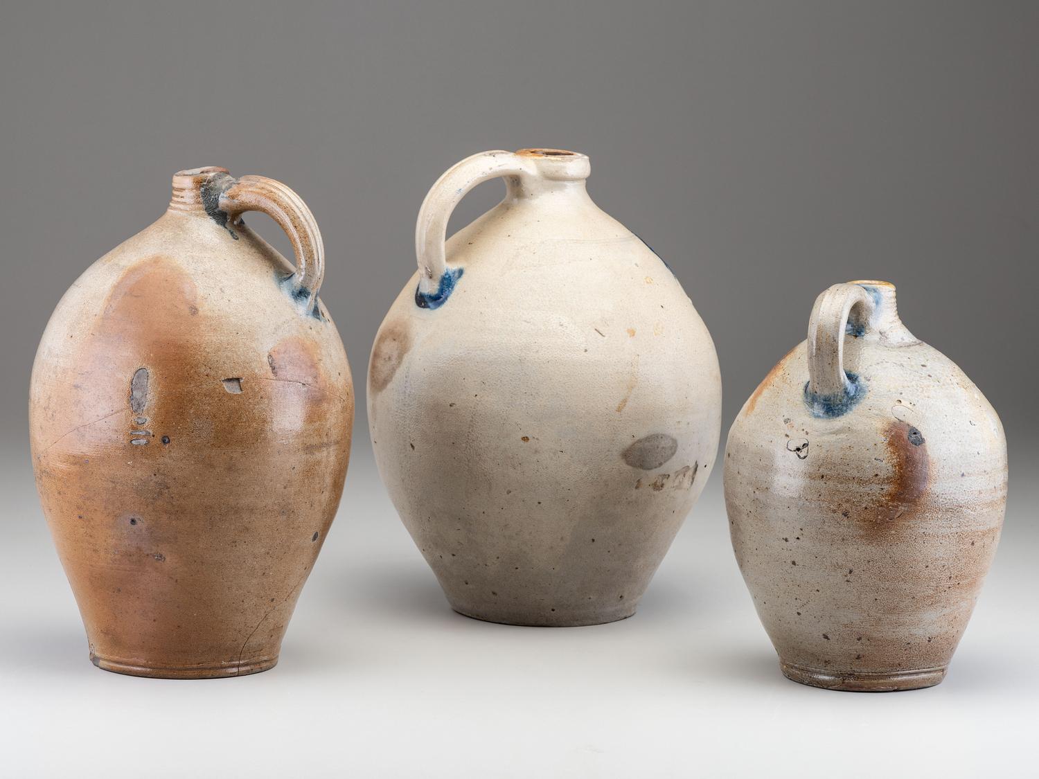 Three Cobalt Decorated Stoneware Jugs