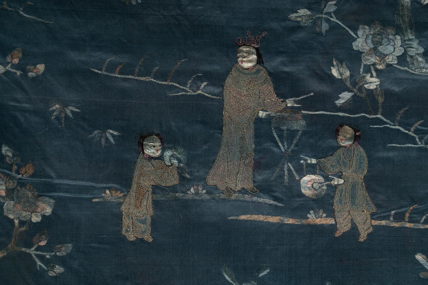 Two Chinese Blue Embroidered Silk Hanging Panels