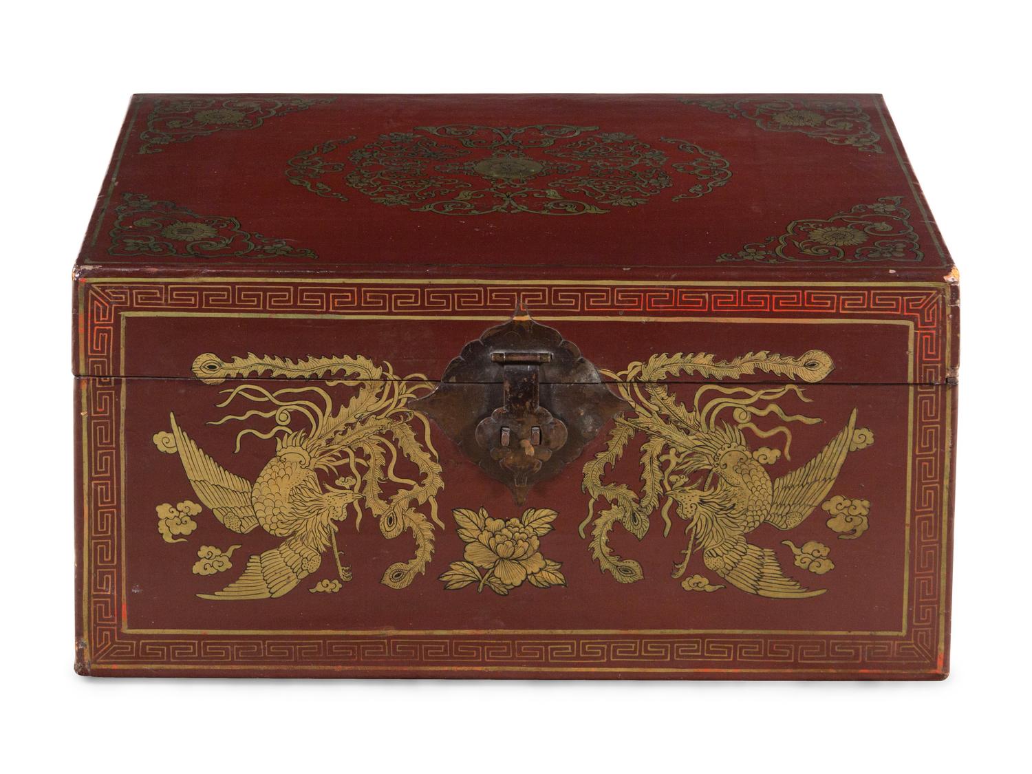 A Chinese Gilt Decorated Red Lacquer Trunk
