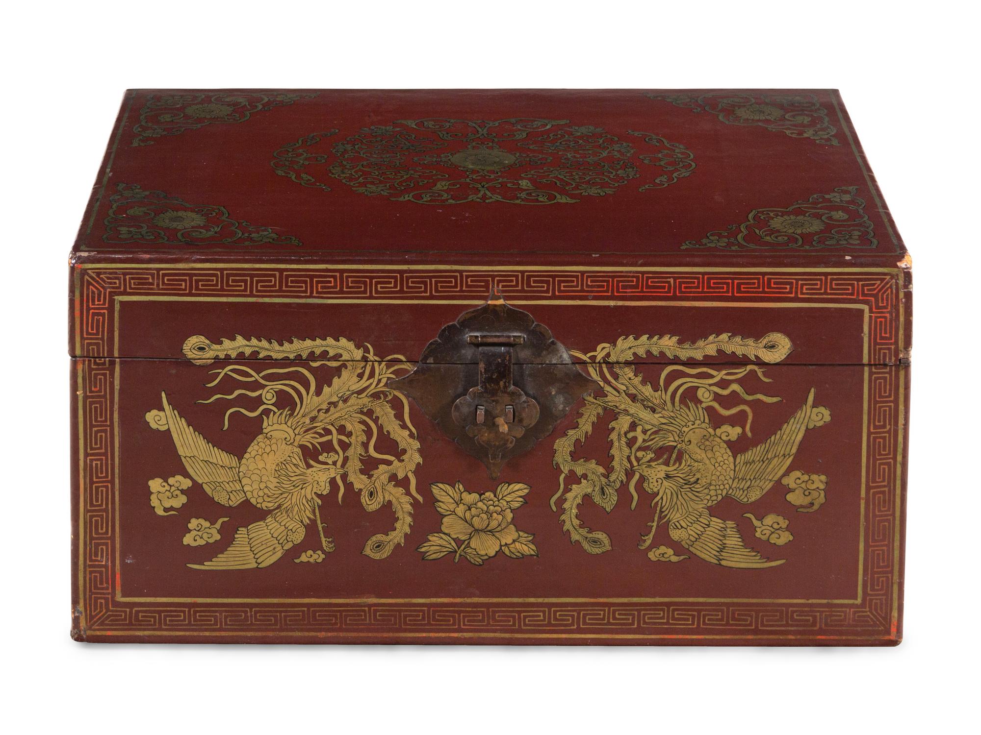 A Chinese Gilt Decorated Red Lacquer Trunk
