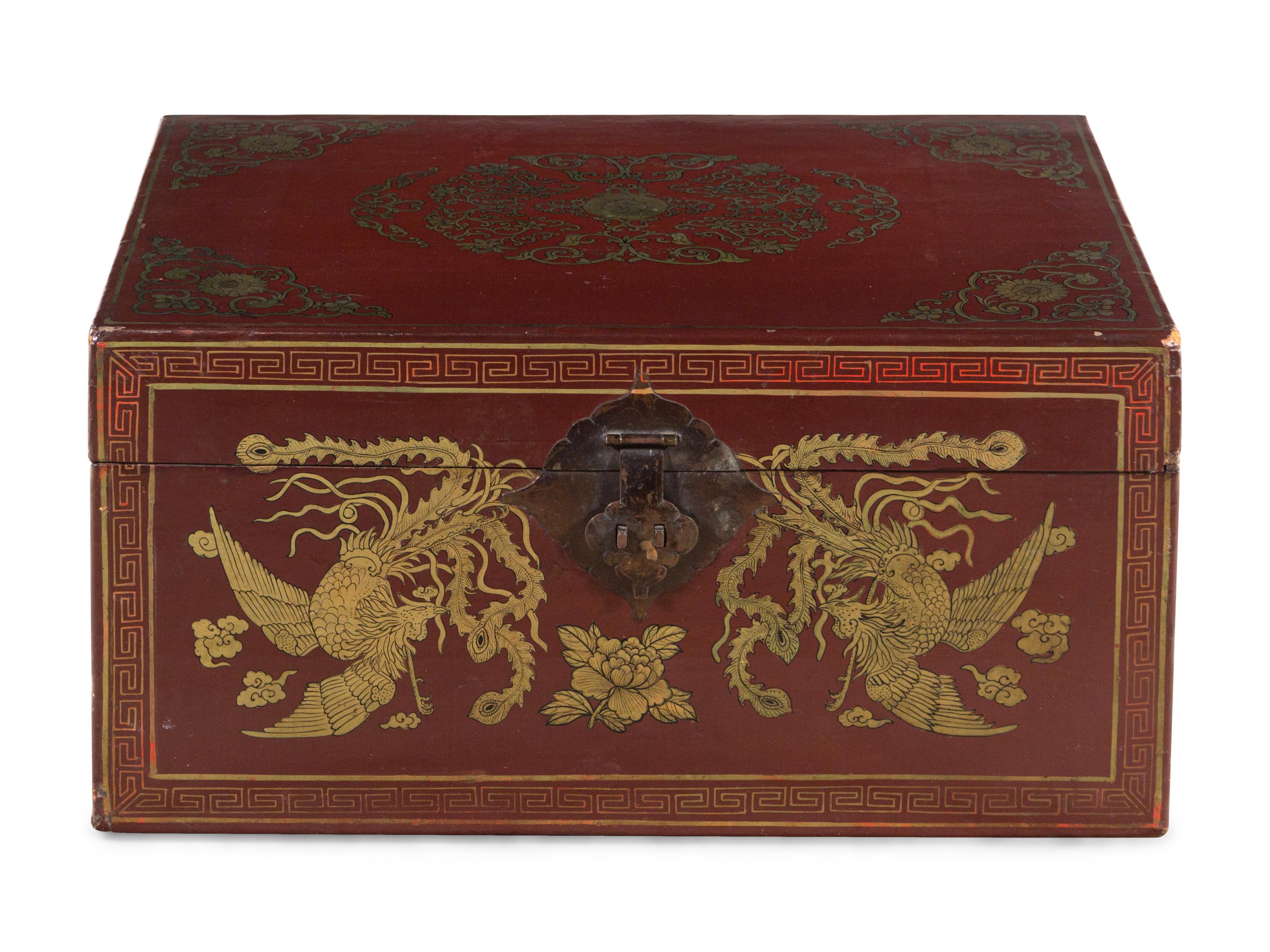 A Chinese Gilt Decorated Red Lacquer Trunk