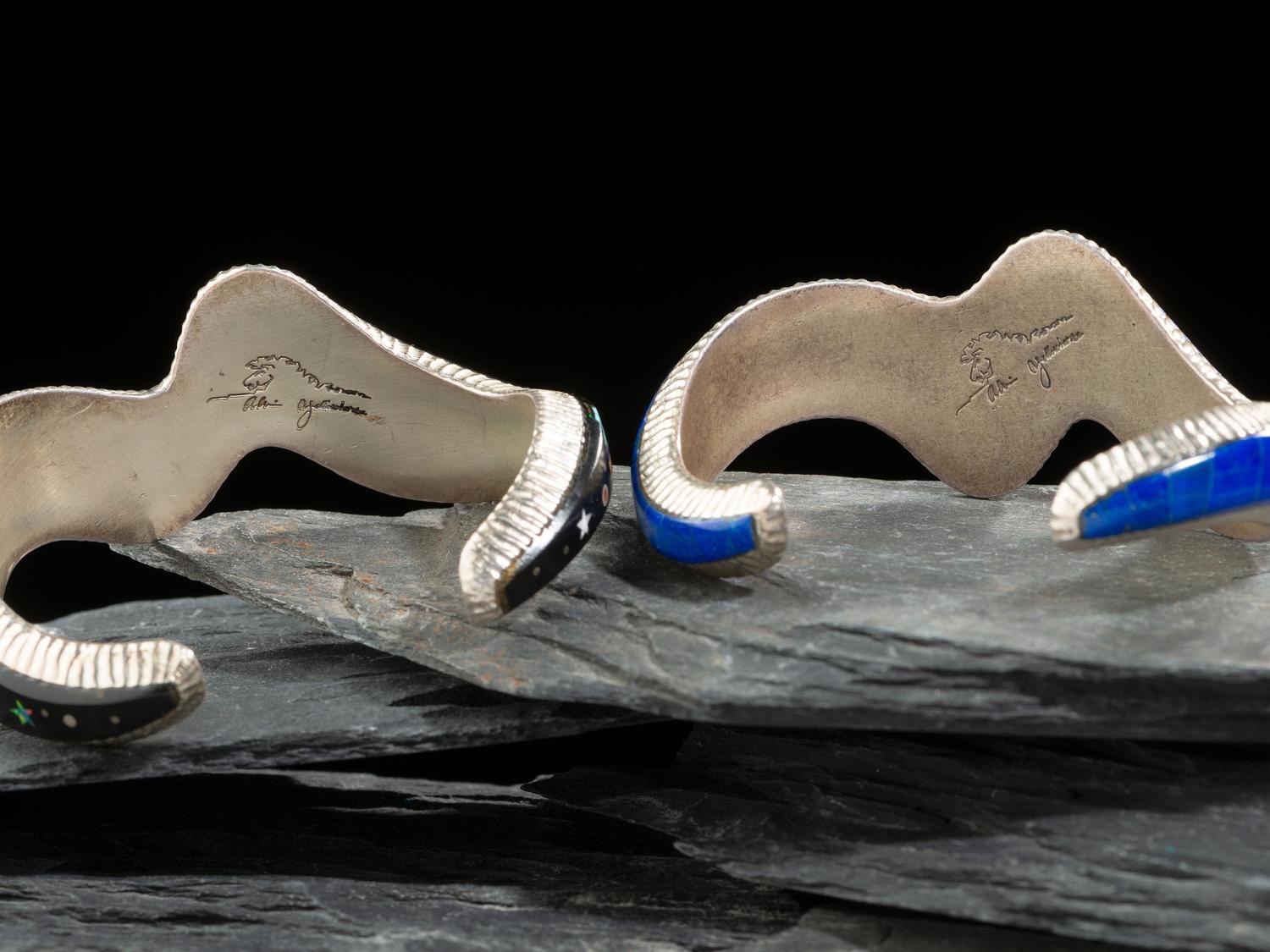 Pair of Sterling Silver and Mosaic Inlay Wave Cuff Bracelets, with Rubik's Cubes