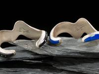 Pair of Sterling Silver and Mosaic Inlay Wave Cuff Bracelets, with Rubik's Cubes