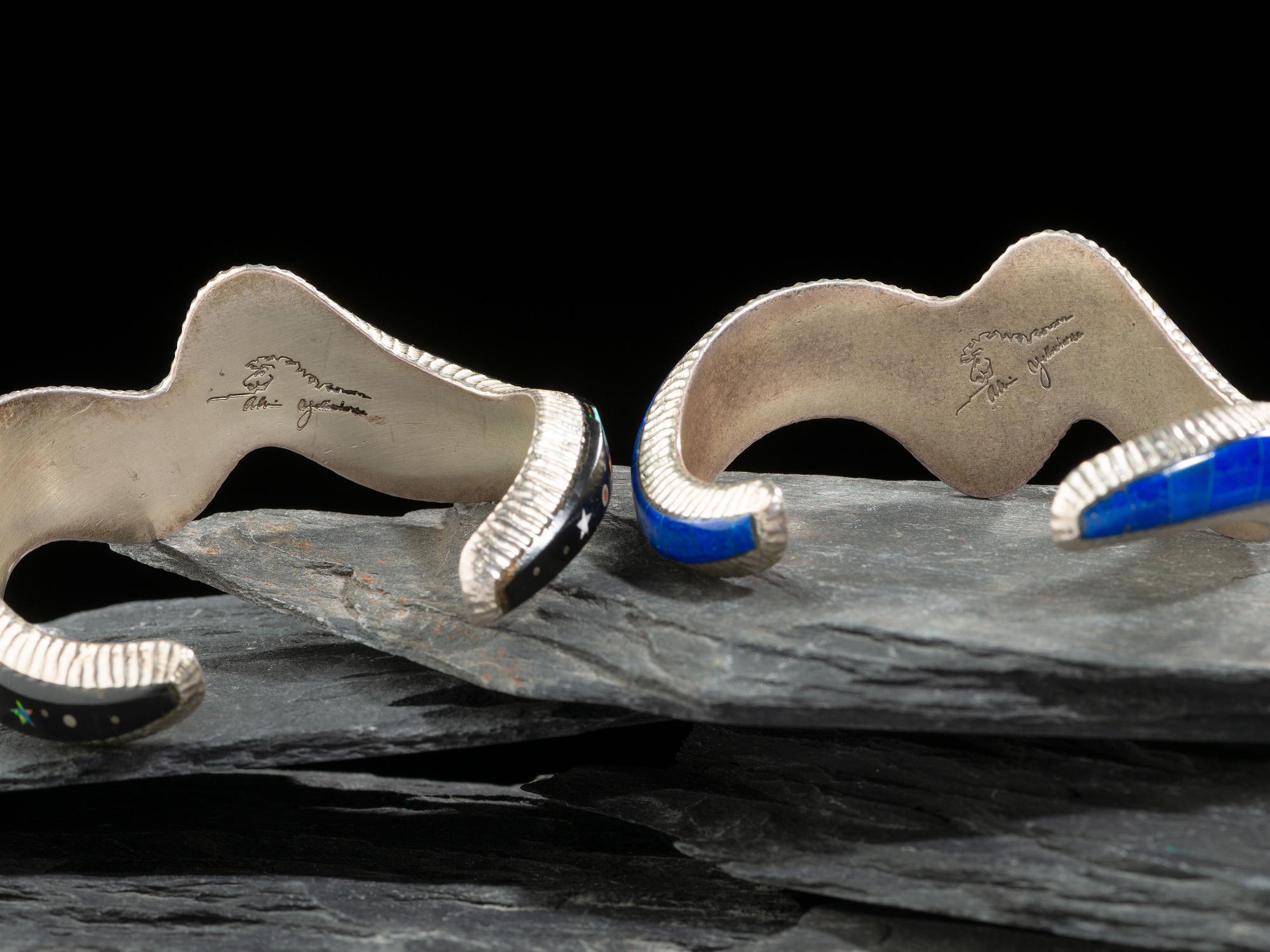 Pair of Sterling Silver and Mosaic Inlay Wave Cuff Bracelets, with Rubik's Cubes