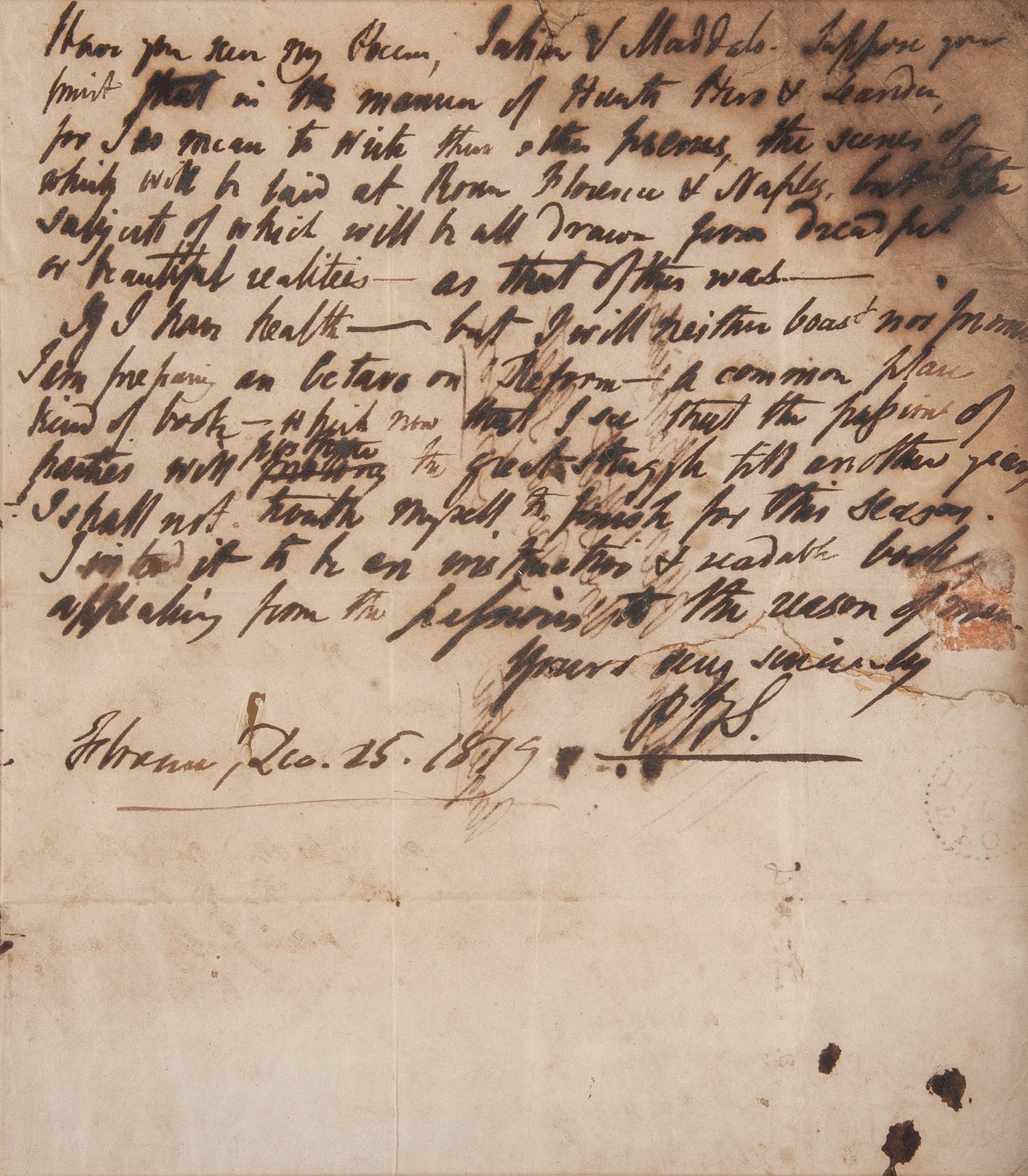 SHELLEY, Percy Bysshe (1792-1822). Autograph letter signed ("P. B. S."), to Charles Ollier. Florence, Italy, 15 December 1819.