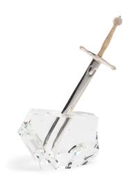 A Steuben Excalibur Silver and 18-Karat Gold Sword and Cut Glass Paperweight