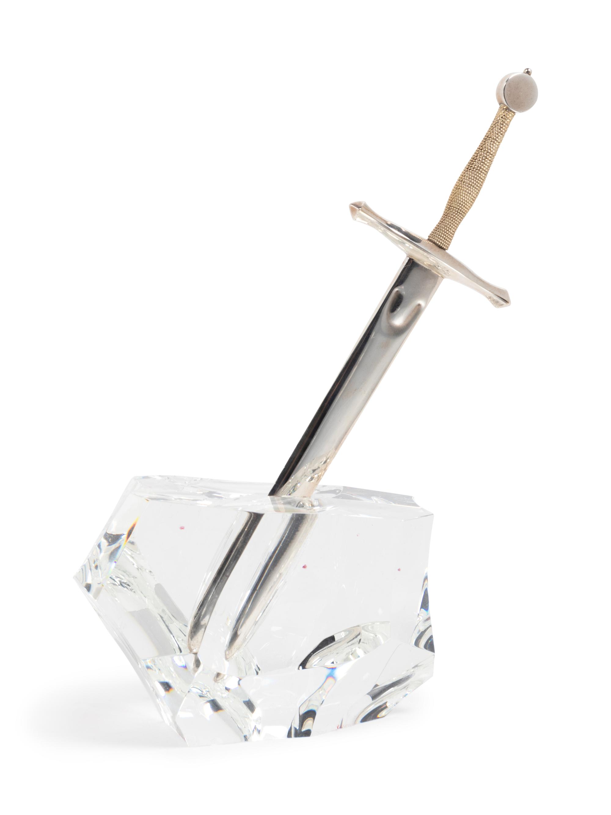 A Steuben Excalibur Silver and 18-Karat Gold Sword and Cut Glass Paperweight