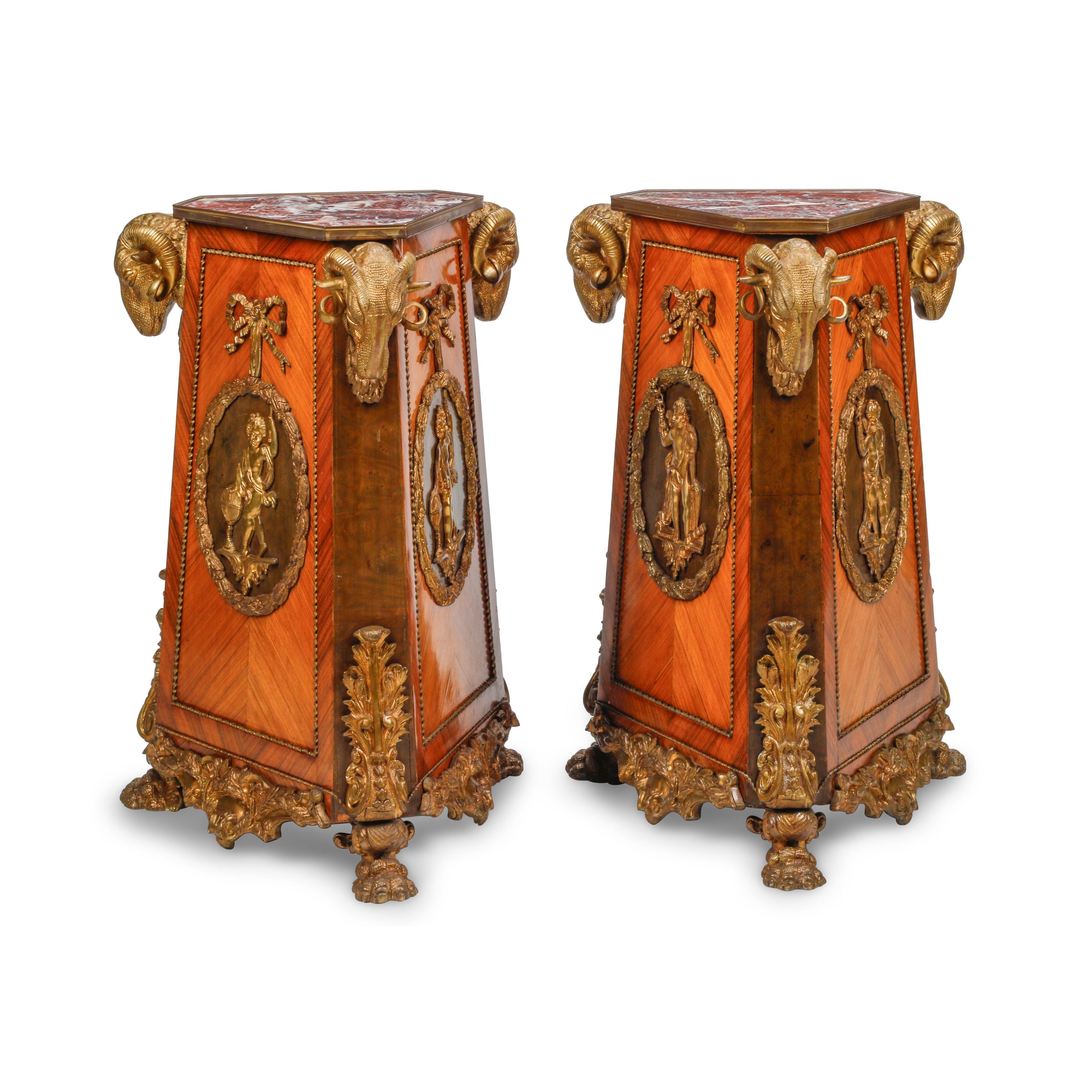A Pair of French Gilt Bronze Mounted Kingwood and Marble-Top Pedestals