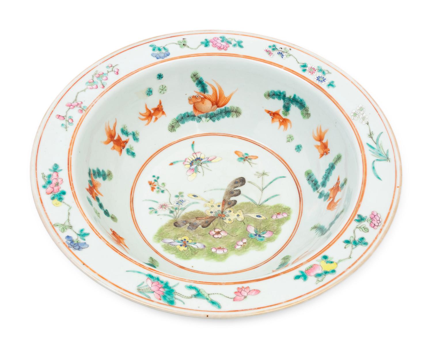 Two Chinese Enameled Porcelain Bowls with Wood Stands