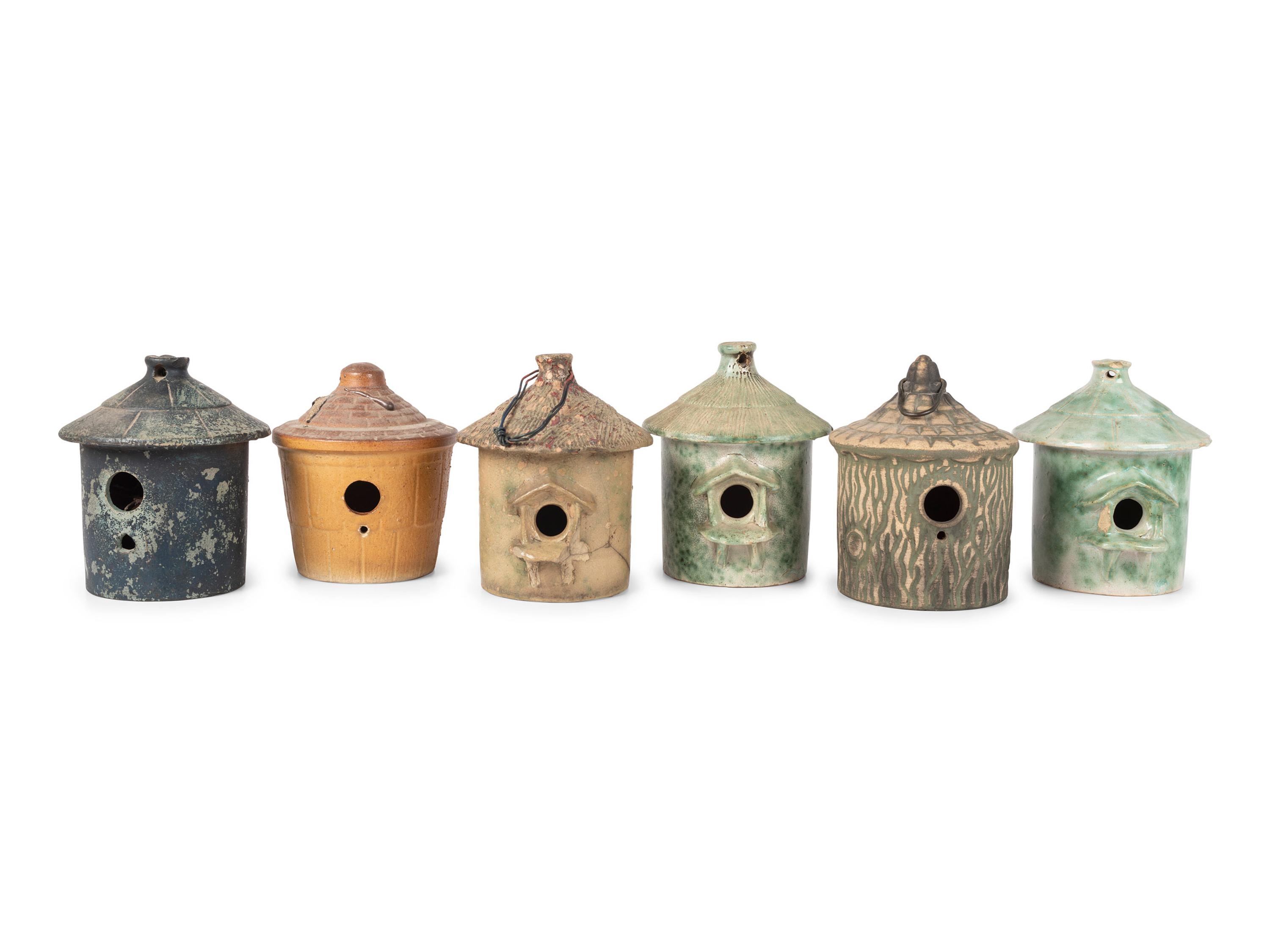 Six Stoneware Birdhouses, Including Dalton Pottery