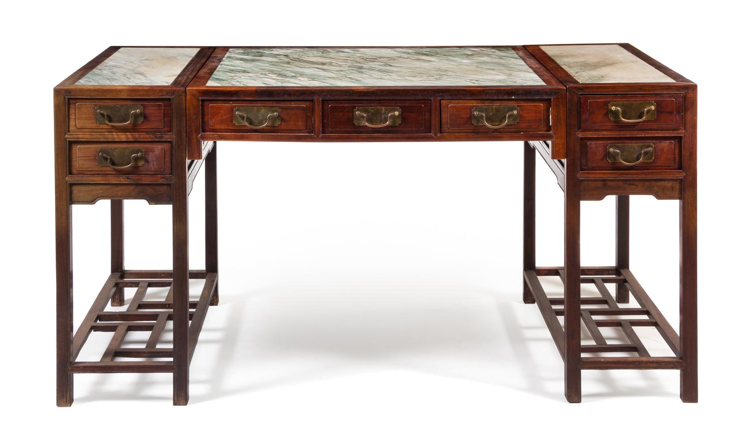 A Chinese Marble-Inset Hongmu Partner's Desk Shuzhuo Height 33 3/4 x width 87 1/4 x depth 13 inches. — 19TH CENTURY