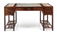 A Chinese Marble-Inset Hongmu Partner's Desk Shuzhuo Height 33 3/4 x width 87 1/4 x depth 13 inches. — 19TH CENTURY