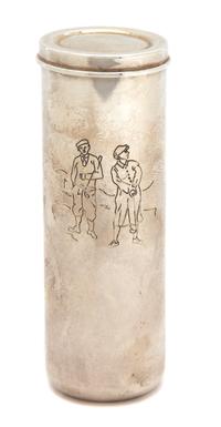An Italian Silver Golf Ball Case, Tiffany & Co., of cylindrical form, etched with a small scene of two golfers, with a snap on lid