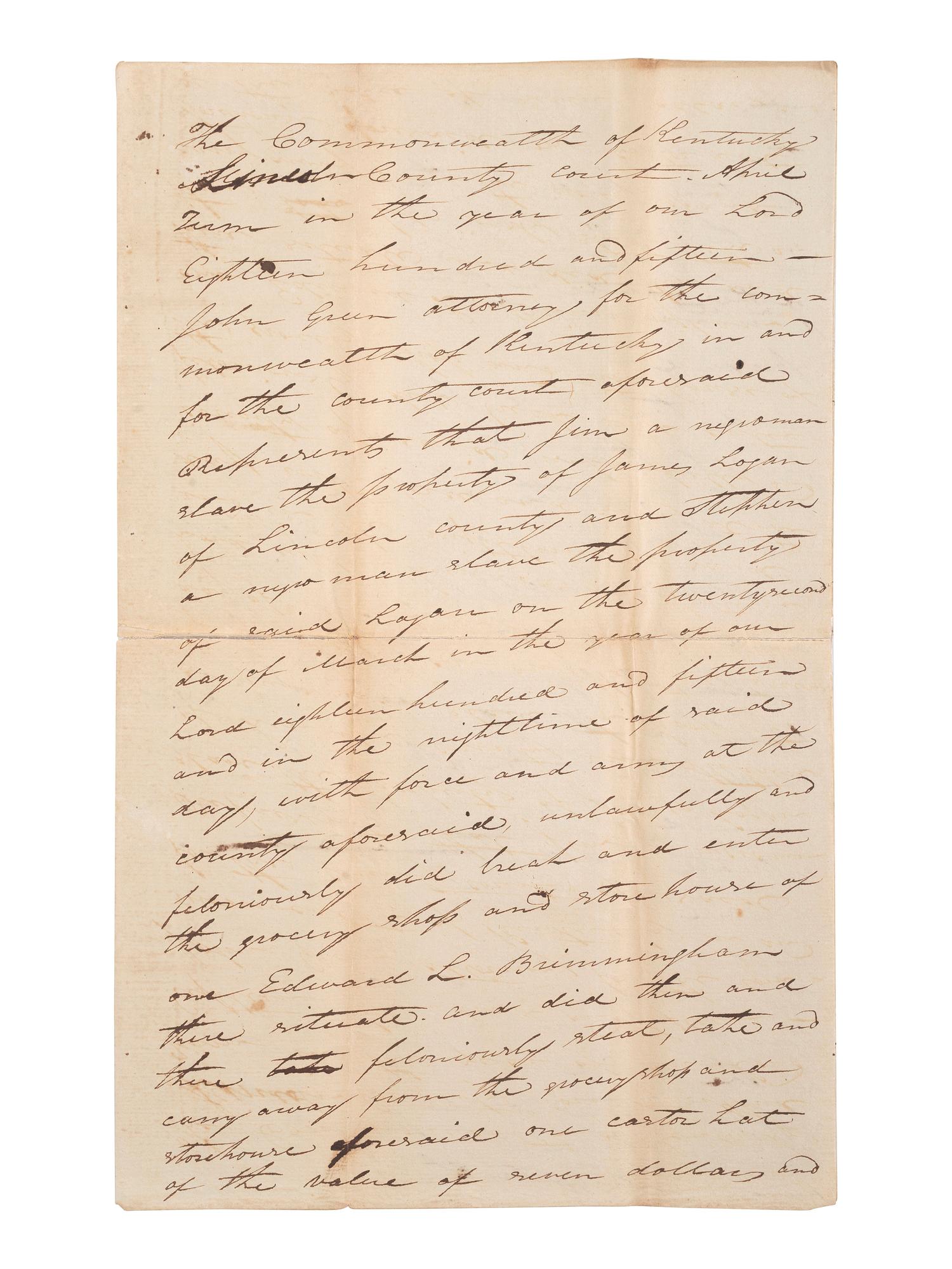 [ENSLAVEMENT & ABOLITION]. A collection of 4 documents related to the arrest and trial of enslaved men "Stephen" and "Jim," who were convicted of stealing. Lincoln County, KY. 1815.