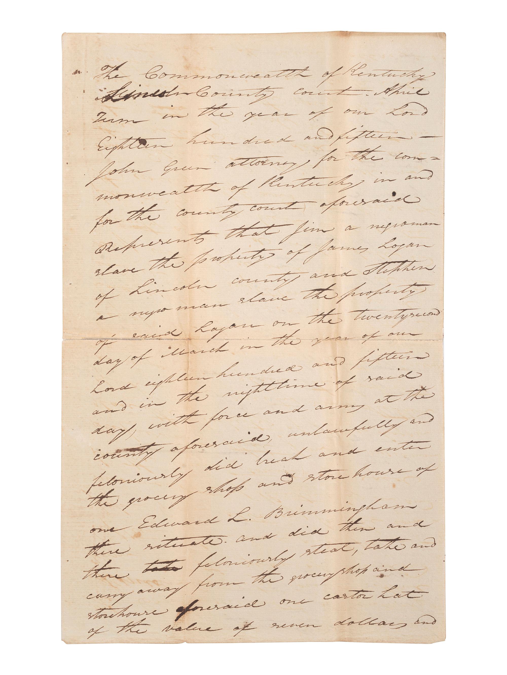 [ENSLAVEMENT & ABOLITION]. A collection of 4 documents related to the arrest and trial of enslaved men "Stephen" and "Jim," who were convicted of stealing. Lincoln County, KY. 1815.