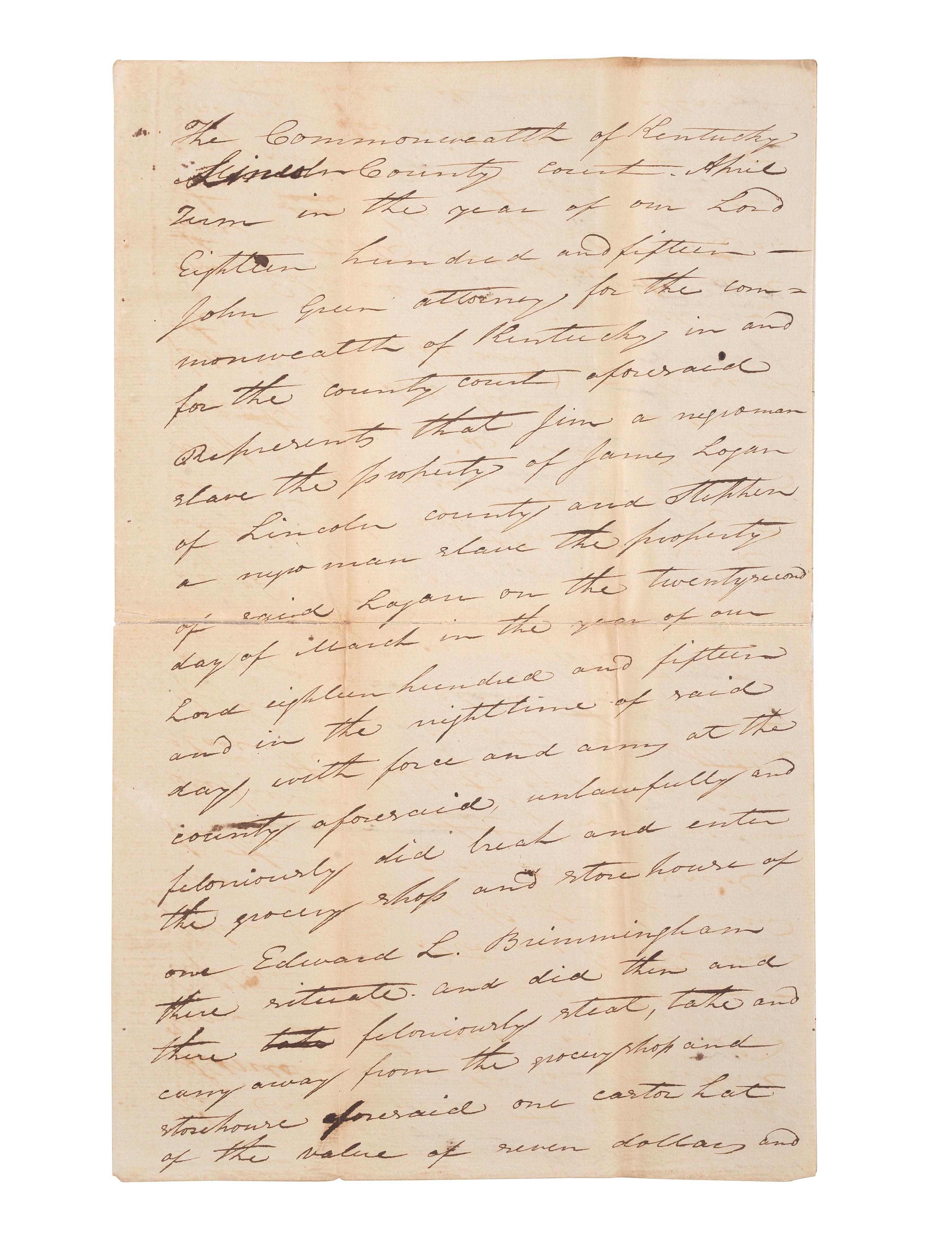 [ENSLAVEMENT & ABOLITION]. A collection of 4 documents related to the arrest and trial of enslaved men "Stephen" and "Jim," who were convicted of stealing. Lincoln County, KY. 1815.