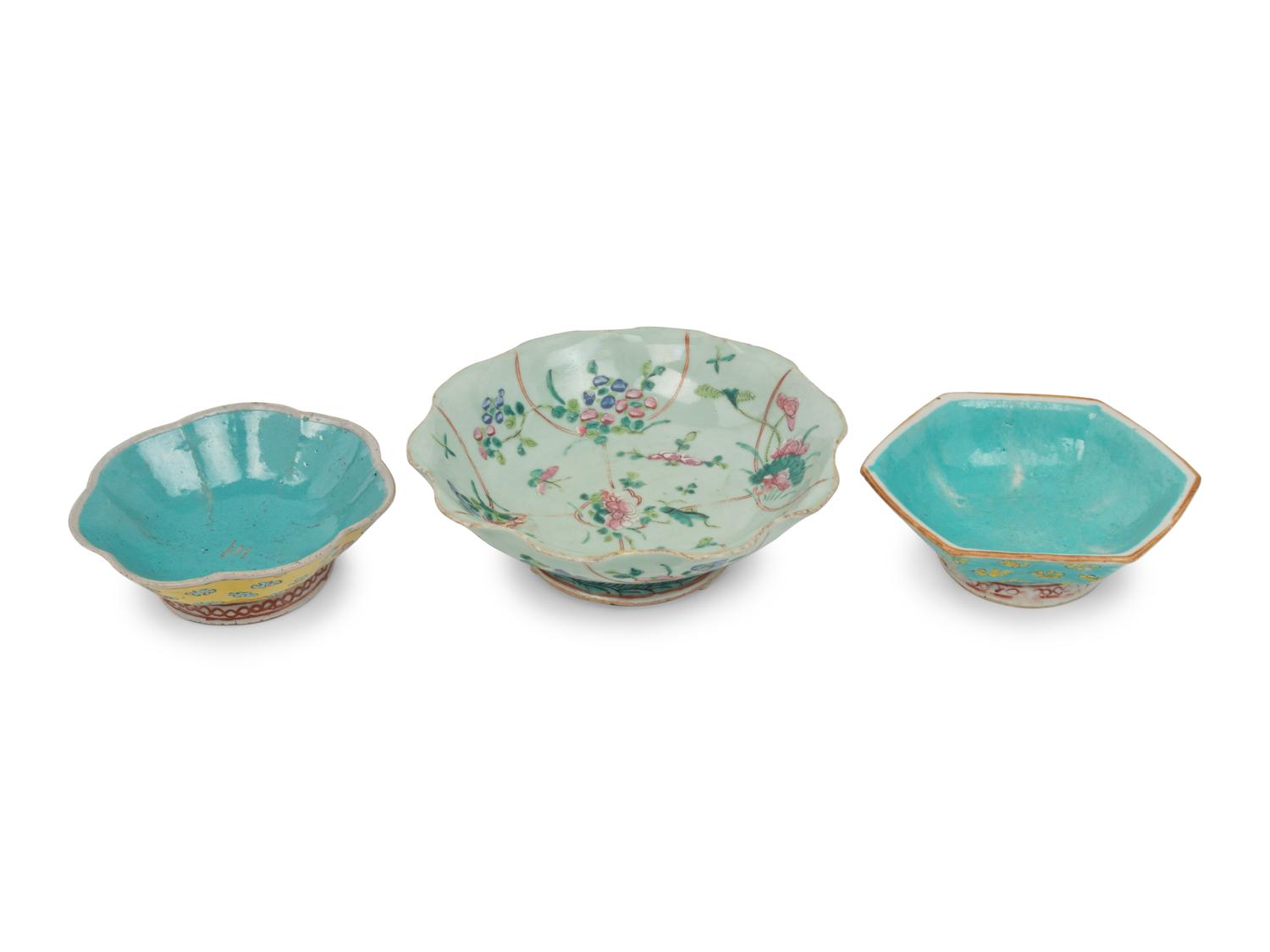 Three Chinese Famille Rose Porcelain Bowls and a Porcelain Animal Figure