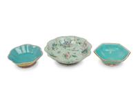 Three Chinese Famille Rose Porcelain Bowls and a Porcelain Animal Figure