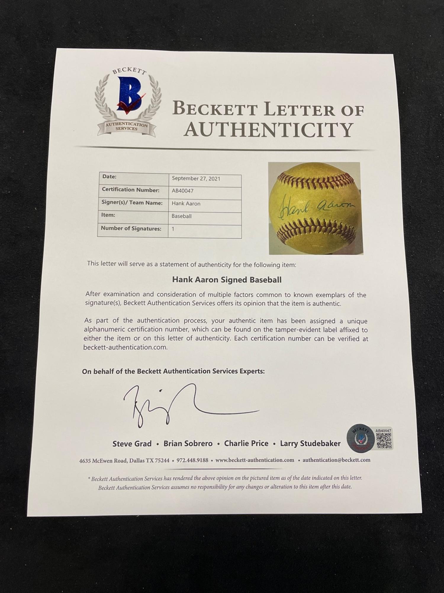 A Hank Aaron Signed Autograph Baseball (BAS Beckett Authentication Services Certified),