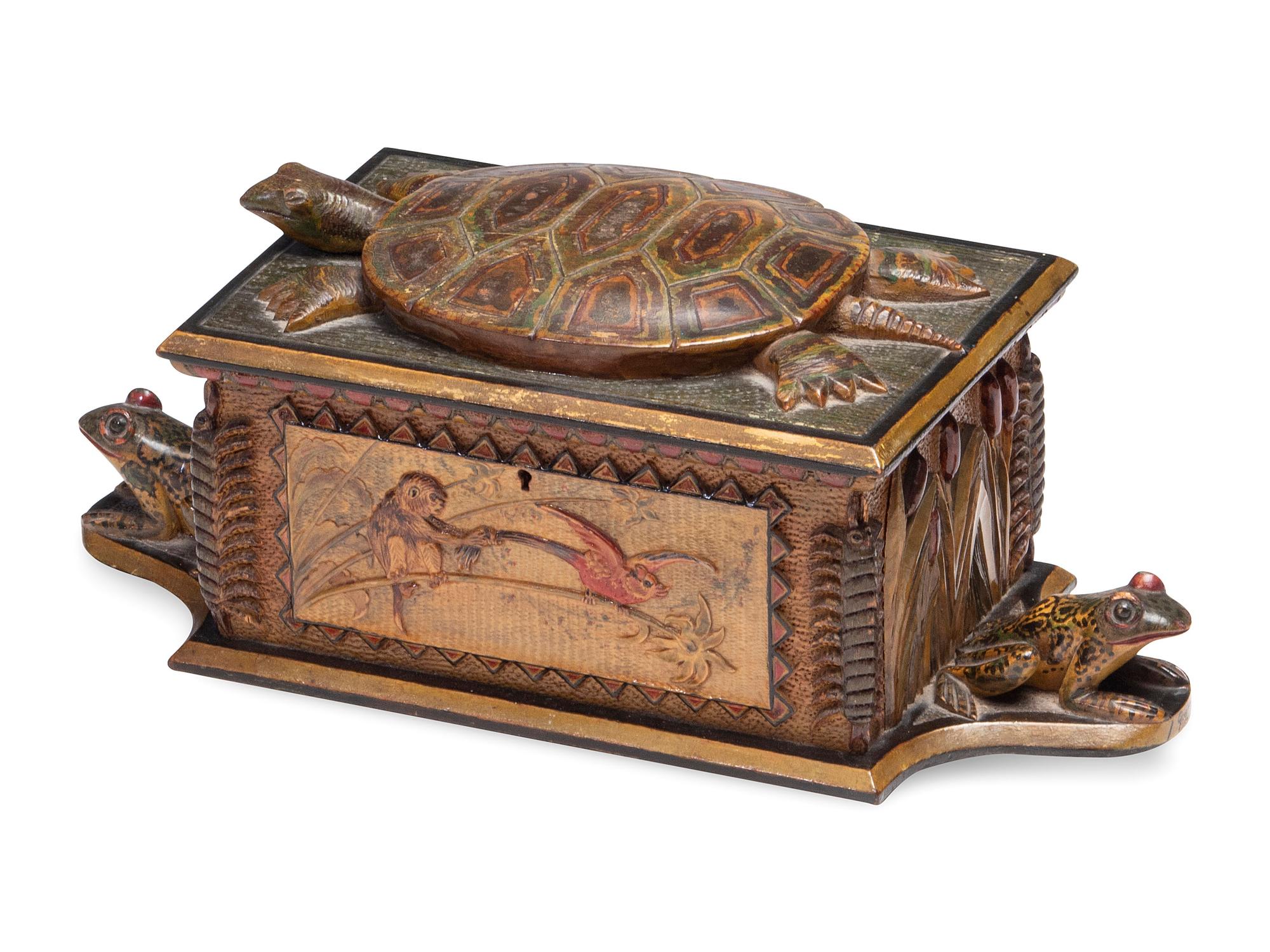 A Carved and Painted Wood Valuables Box with Masonic Interest