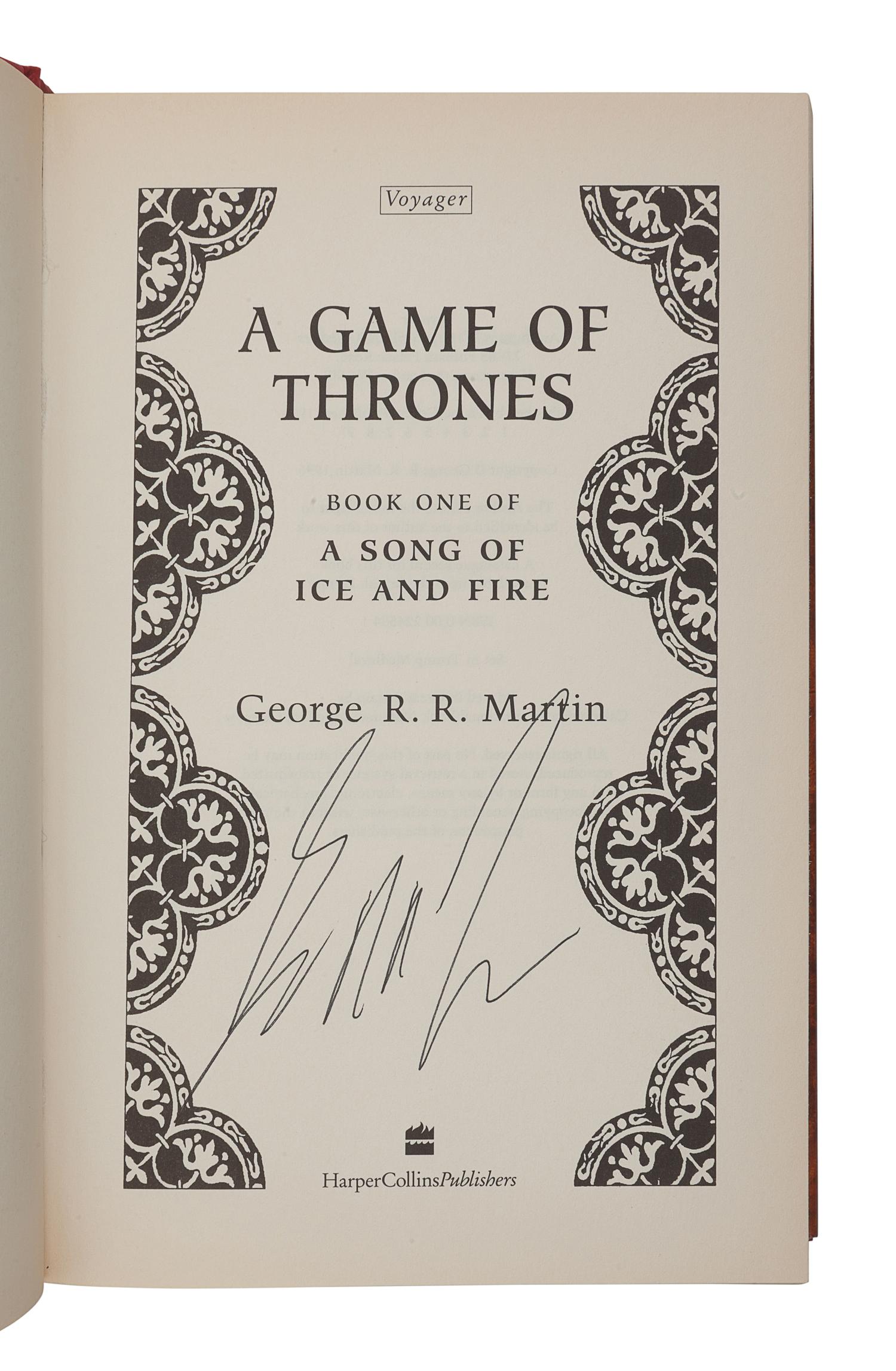 MARTIN, George R. R. (b. 1948). [A Song of Ice and Fire series:] A Game of Thrones -- A Clash of Kings -- A Storm of Swords -- A Feast for Crows . London: Voyager, Harper Collins, 1996, 1998, 2000, 2005.