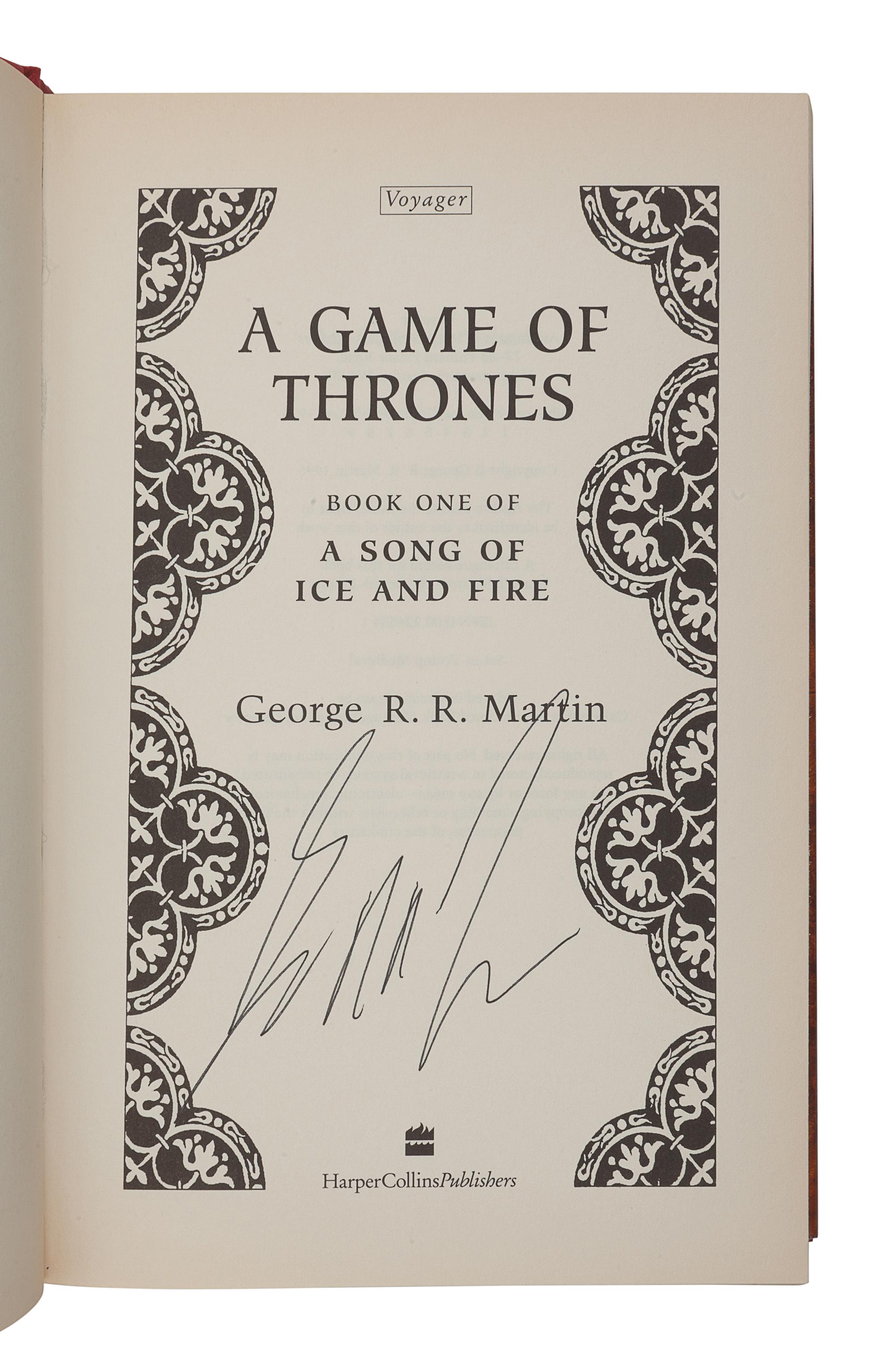MARTIN, George R. R. (b. 1948). [A Song of Ice and Fire series:] A Game of Thrones -- A Clash of Kings -- A Storm of Swords -- A Feast for Crows . London: Voyager, Harper Collins, 1996, 1998, 2000, 2005.