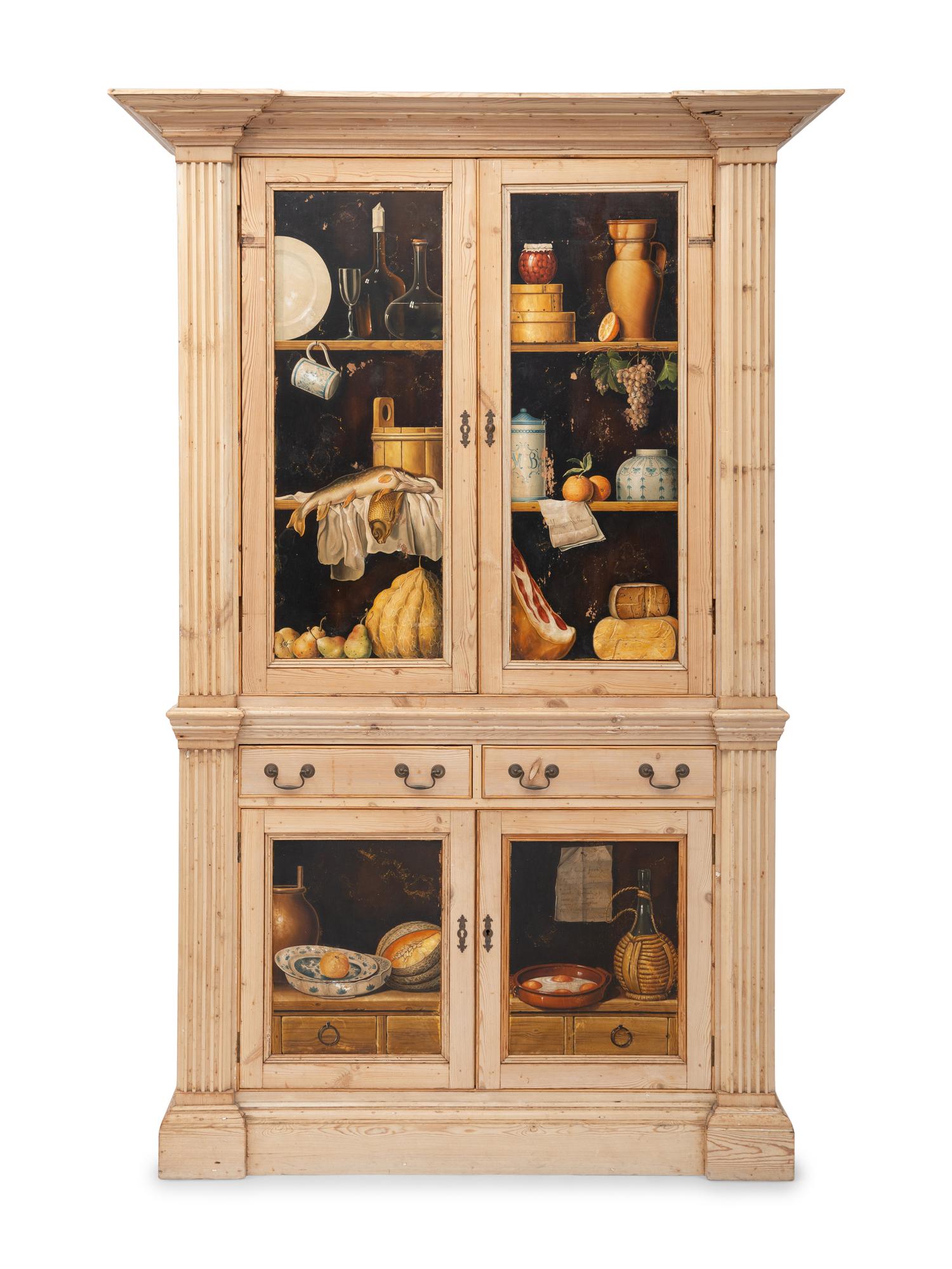 An English Pine Trompe L'Oeil Hand-Painted Cabinet