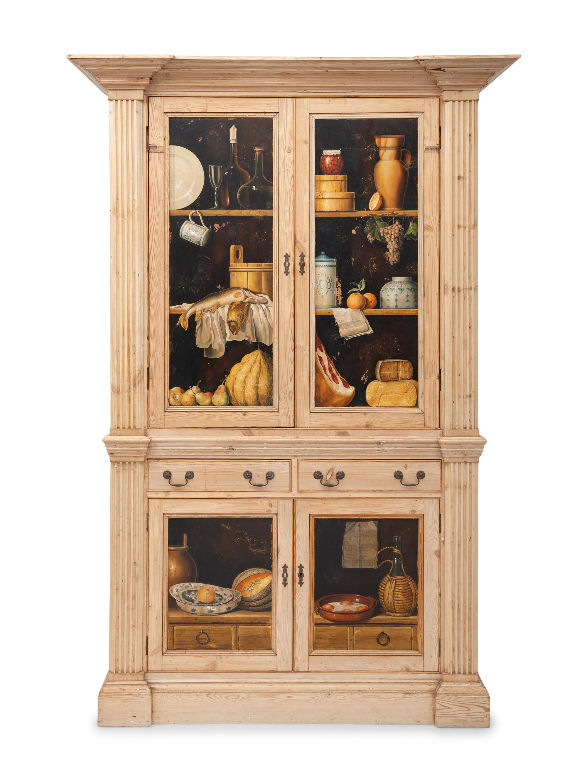 An English Pine Trompe L'Oeil Hand-Painted Cabinet