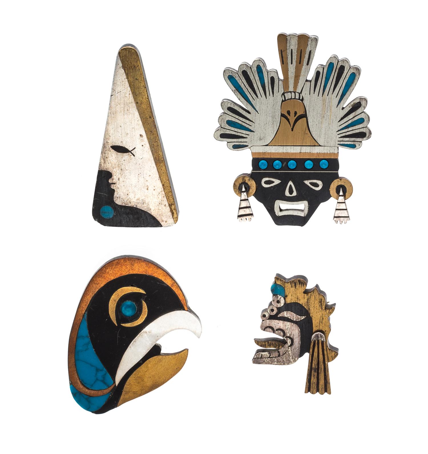 A Collection of Modernist Sterling Silver, Brass, Copper, Turquoise and Onyx Pendant/Brooches, Cecelia Tono, 68.80 dwts.