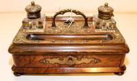An English Brass Mounted Oak Ink Stand Height 4 x width 11 1/2 x depth 7 inches. — EARLY 19TH CENTURY