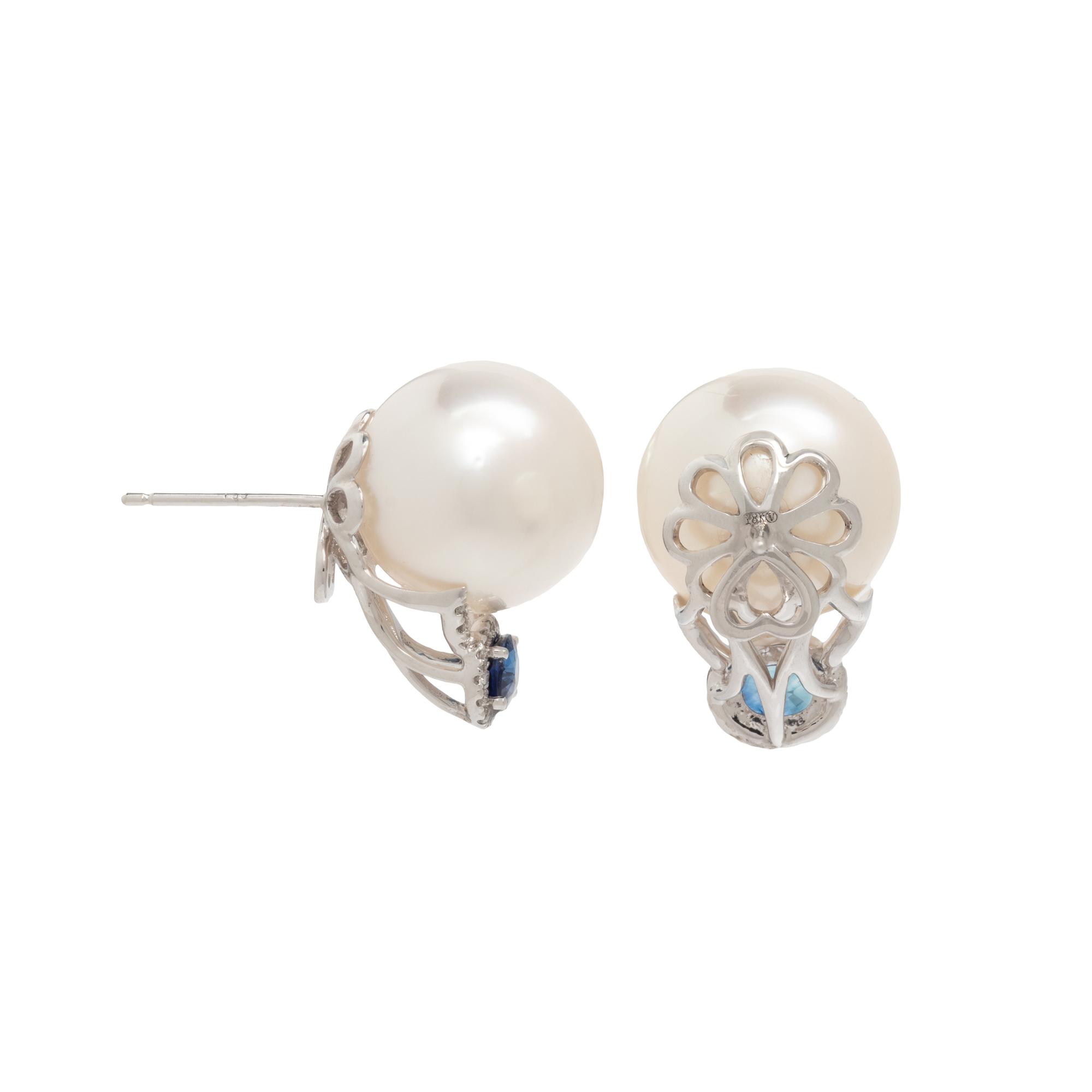 SOUTH SEA CULTURED PEARL, SAPPHIRE AND DIAMOND EARRINGS