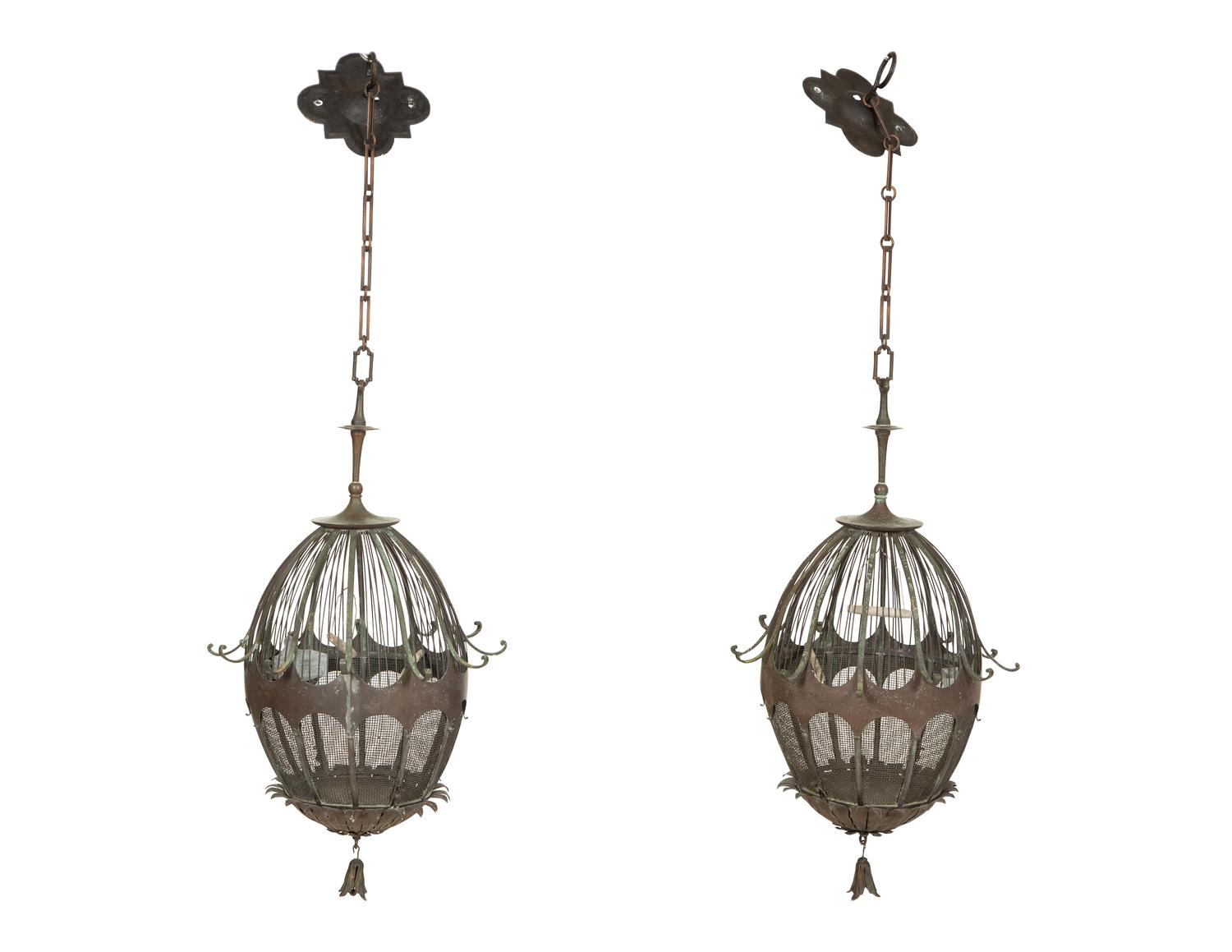 A Pair of Bronze "Montgolfière" Bird Cage Lanterns