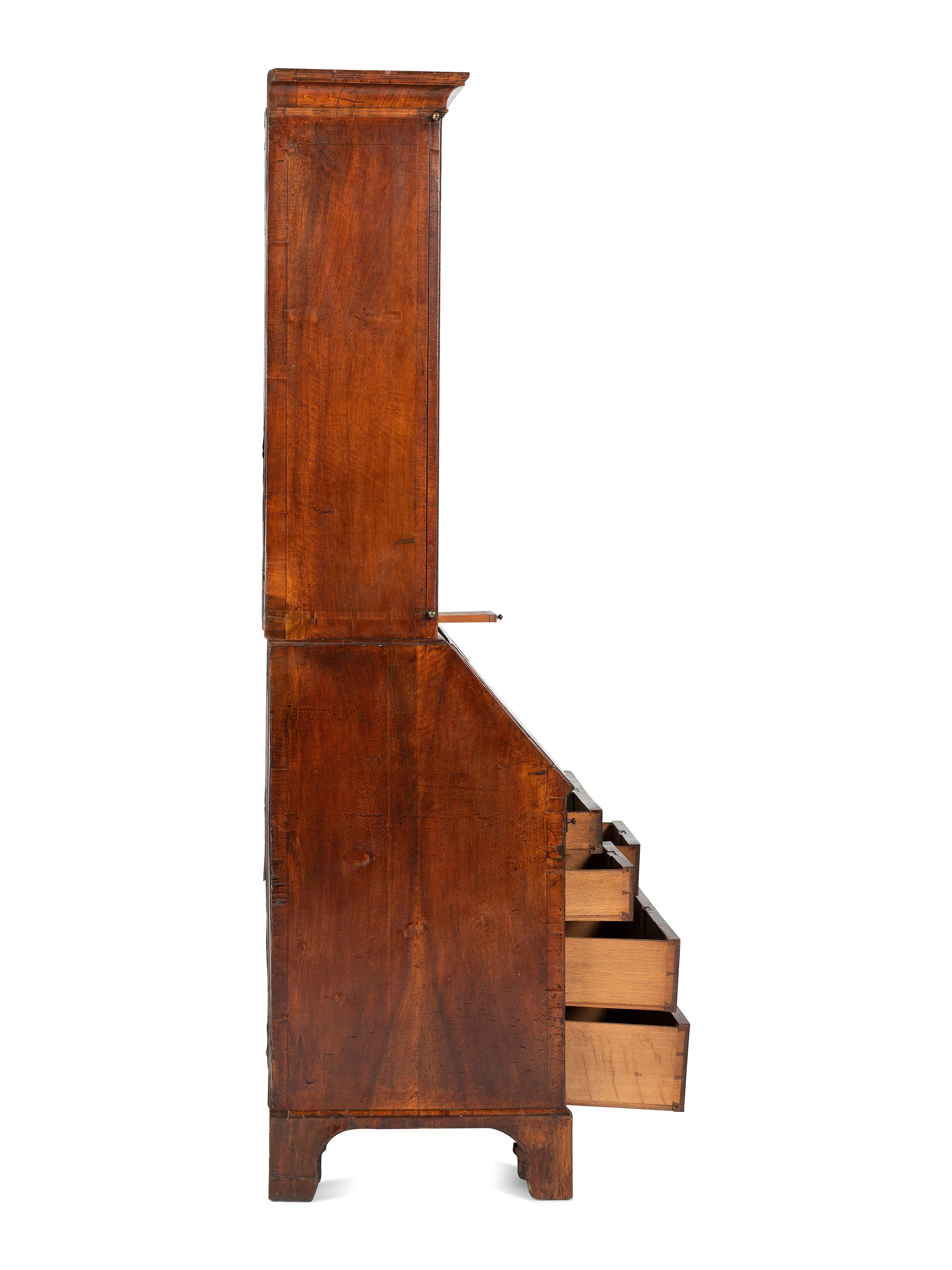 A George II Burl Walnut Slant Front Secretary Bookcase