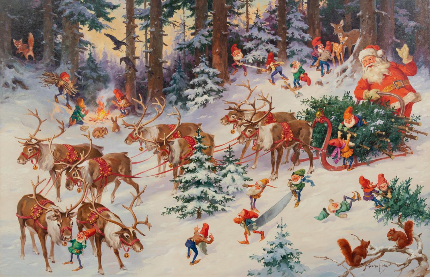Santa and His Elves Gathering Trees in His Sleigh