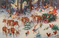 Santa and His Elves Gathering Trees in His Sleigh