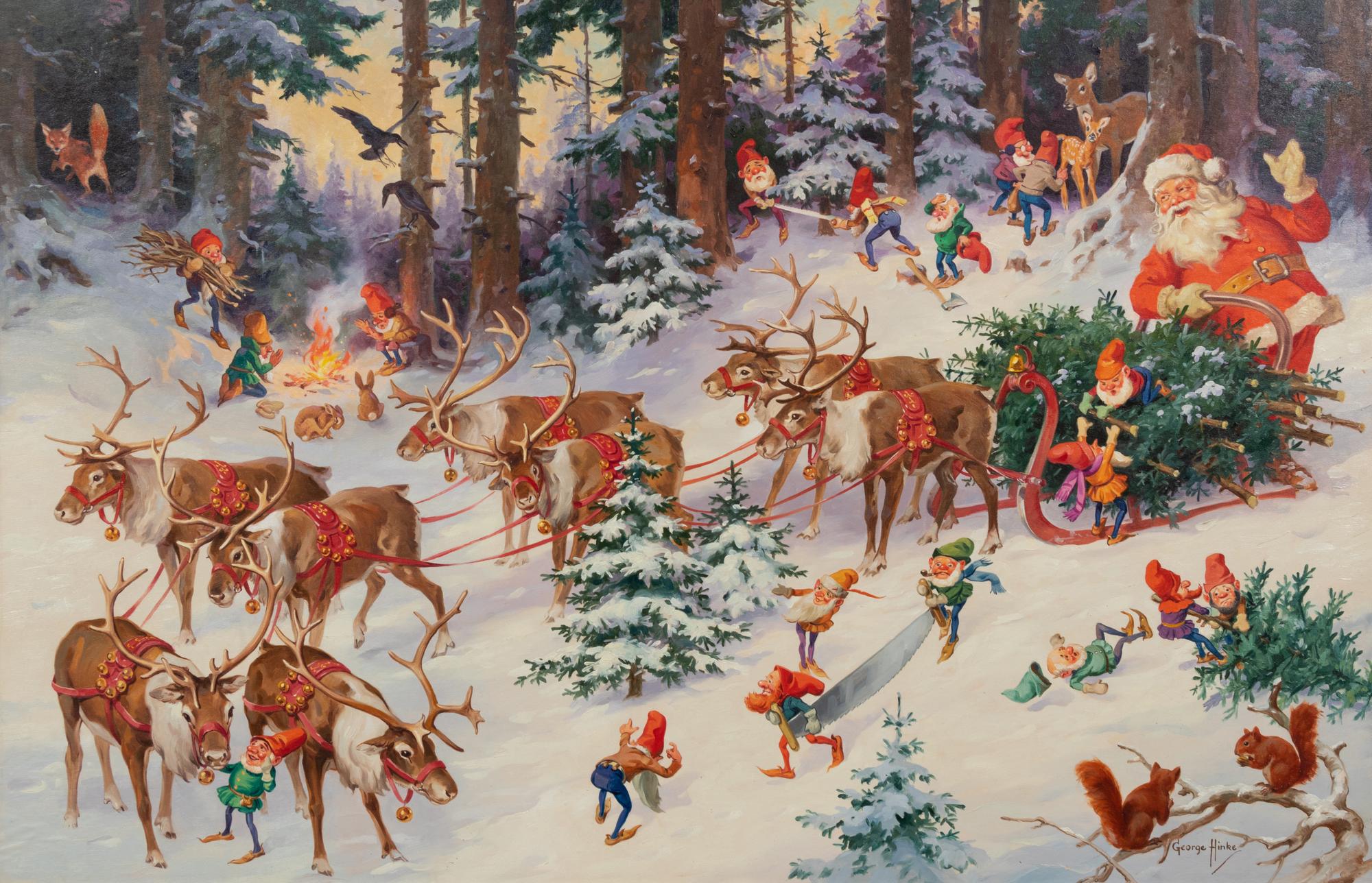 Santa and His Elves Gathering Trees in His Sleigh