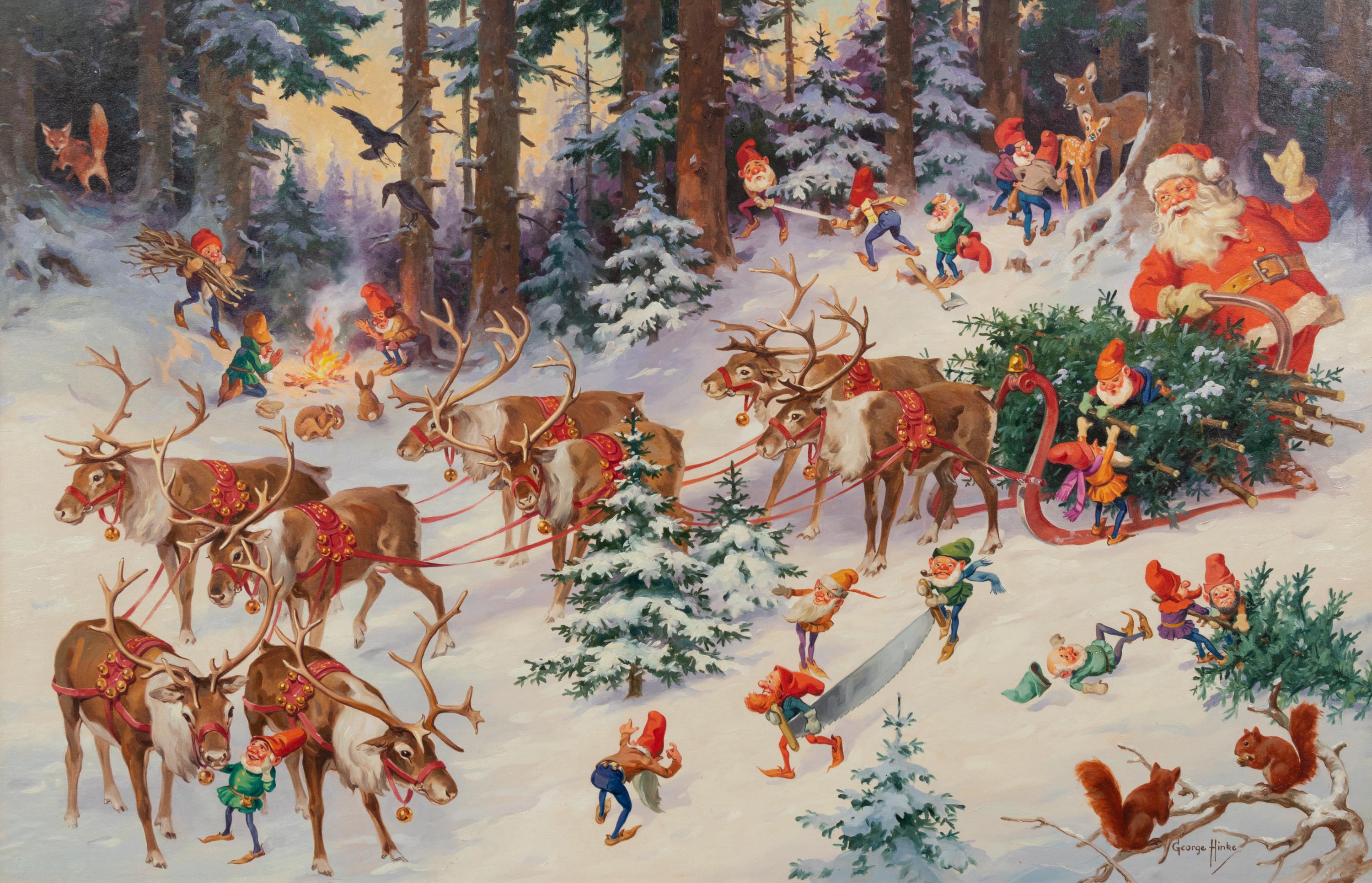 Santa and His Elves Gathering Trees in His Sleigh