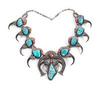 Large Statement Morenci Turquoise, Coral, and Claw Squash Blossom Necklace