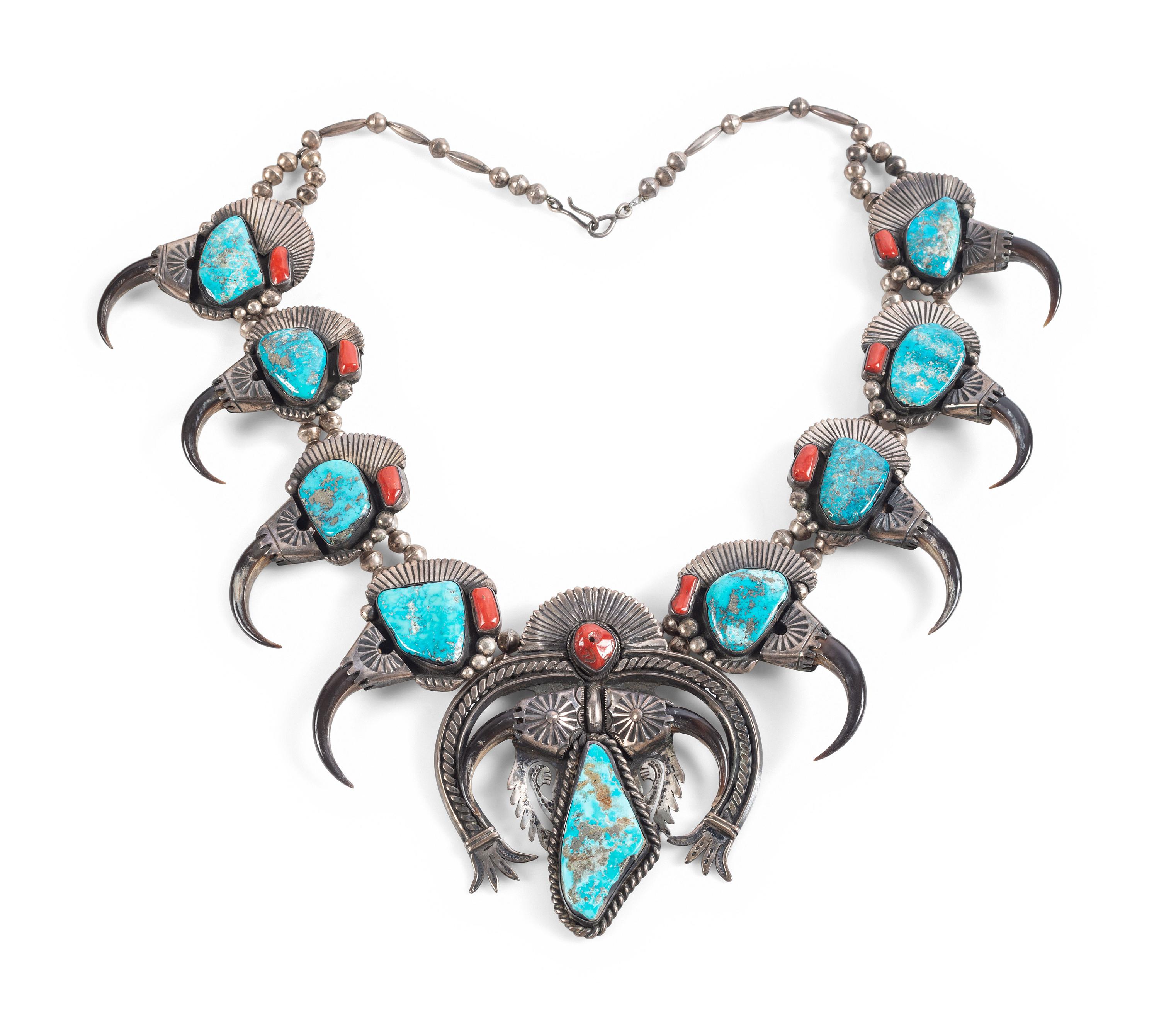 Large Statement Morenci Turquoise, Coral, and Claw Squash Blossom Necklace