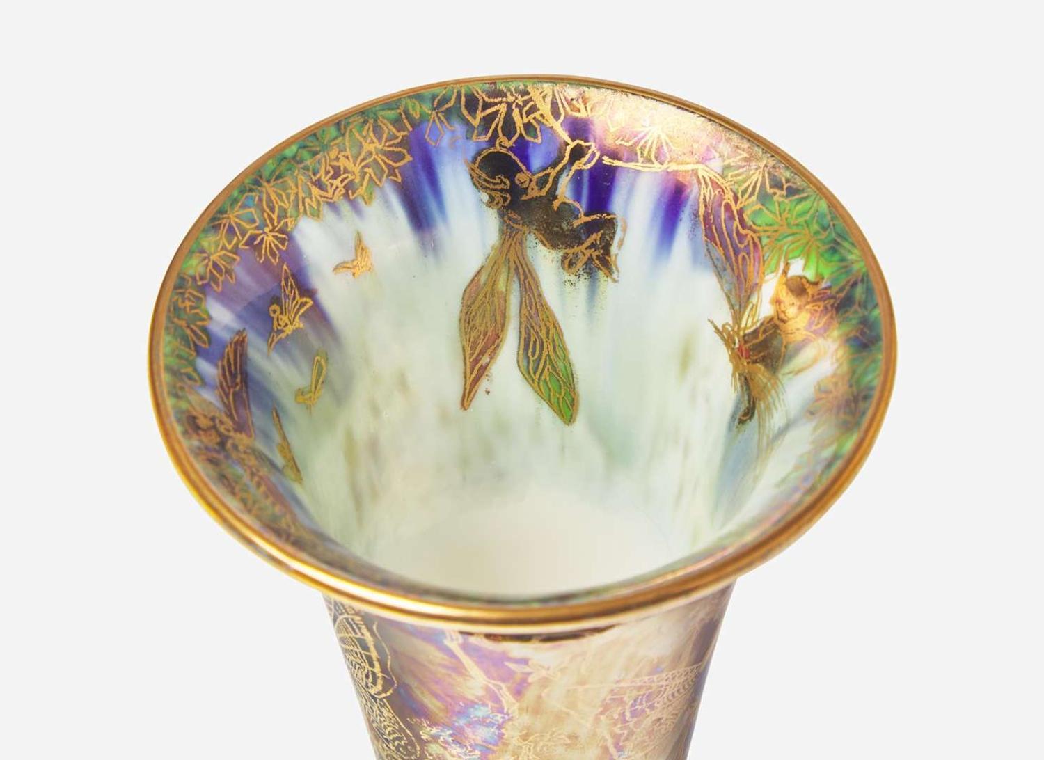 A Wedgwood Black Fairyland Lustre "Butterfly Women" Pattern Footed Vase, UK, 1920s