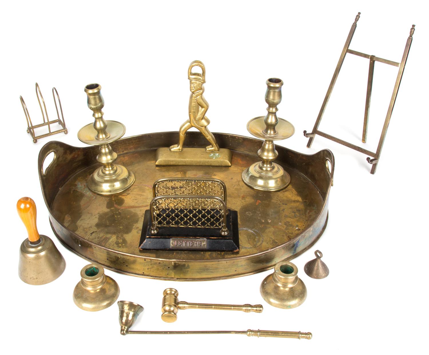 An Assembled Collection of Brass Articles Length of first 21 inches.