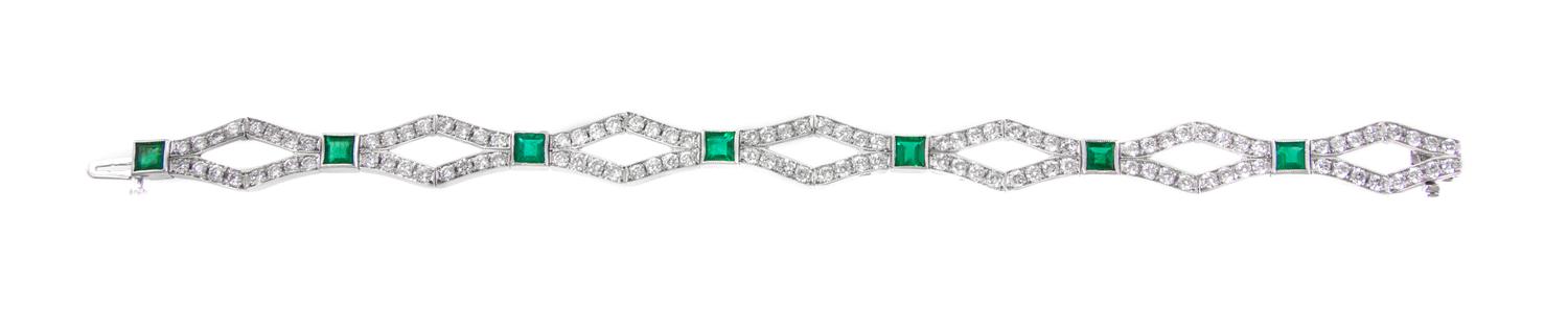A Platinum, Diamond and Emerald Bracelet, 16.60 dwts.