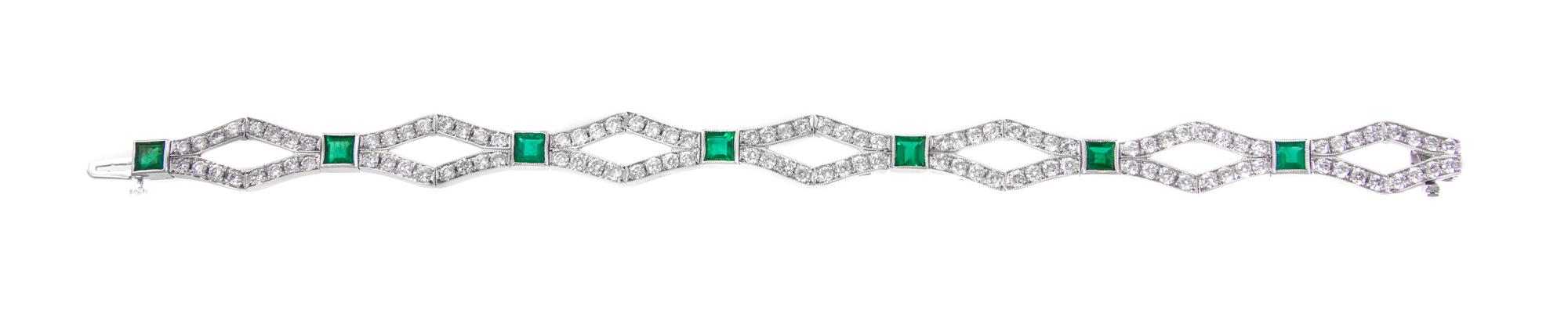A Platinum, Diamond and Emerald Bracelet, 16.60 dwts.