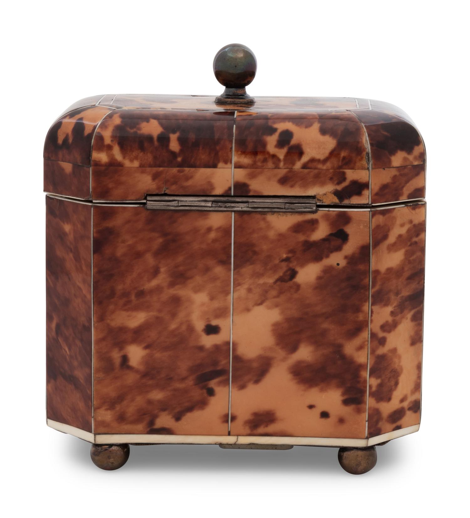 A Regency Tortoise Shell Veneered and Silver-Lined Tea Caddy