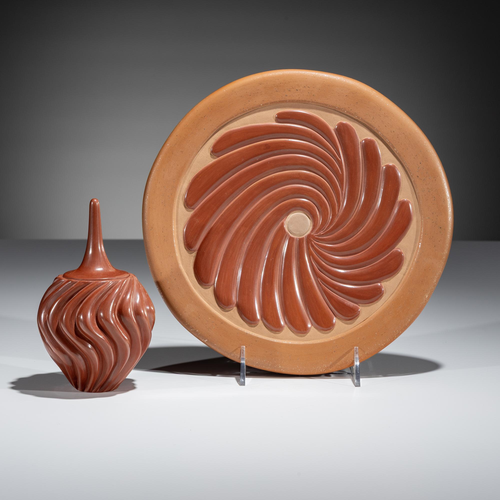 Carved Redware Pottery Plate and Vase