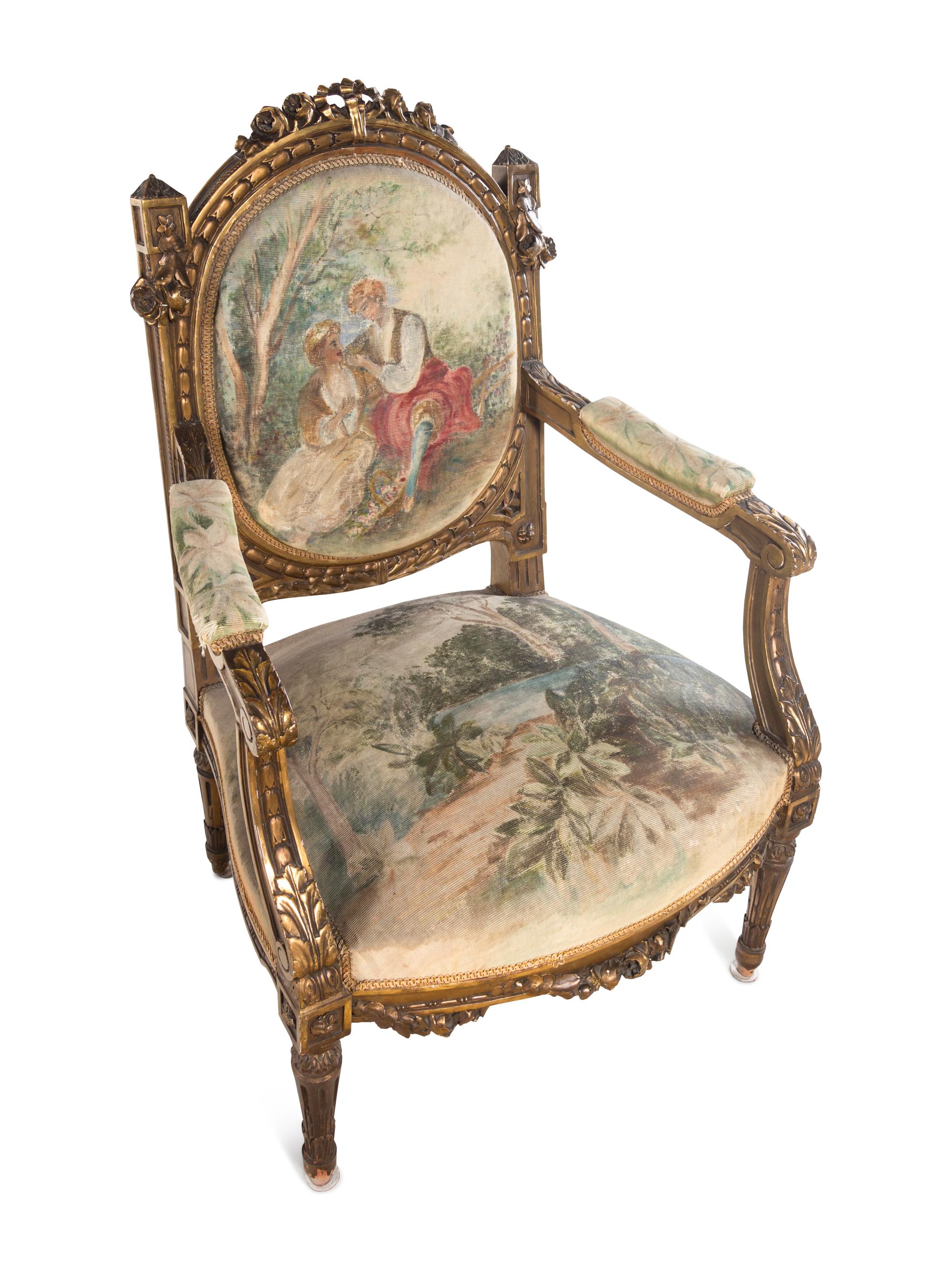 A Louis XVI Style Giltwood Seven-Piece Salon Suite