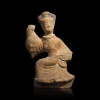 A Chinese Sichuan Style Red Pottery Figure of a Dancer, Han Dynasty — 漢 四川風格灰陶彩繪樂舞俑