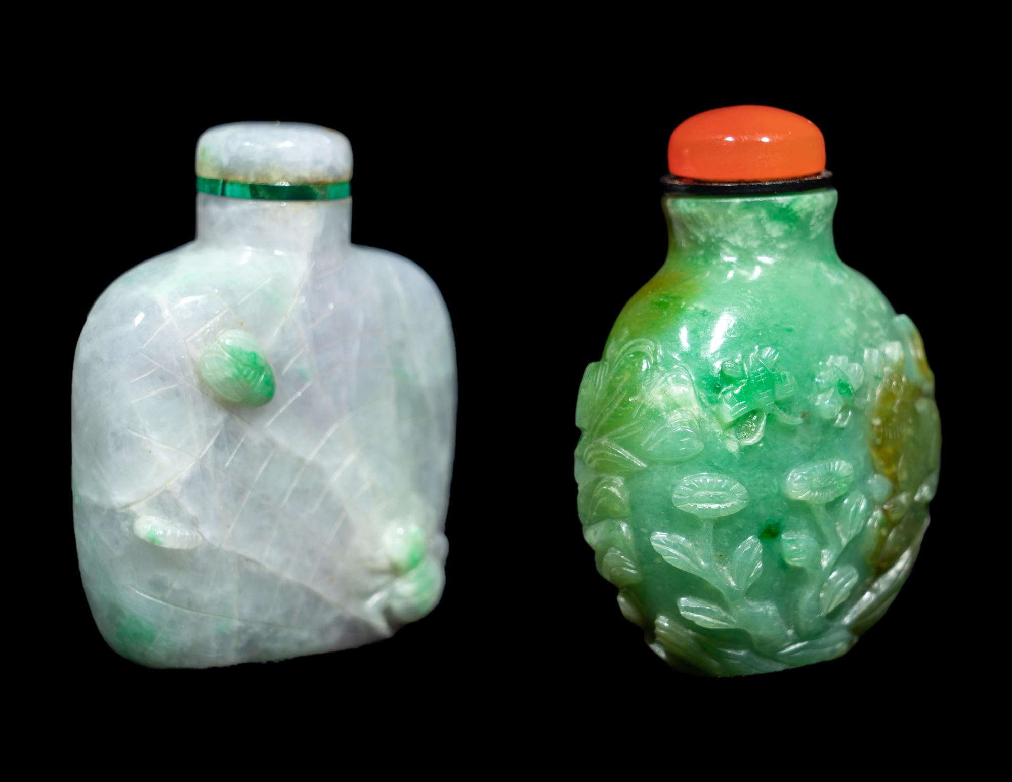 Two Chinese Carved Jadeite Snuff Bottles